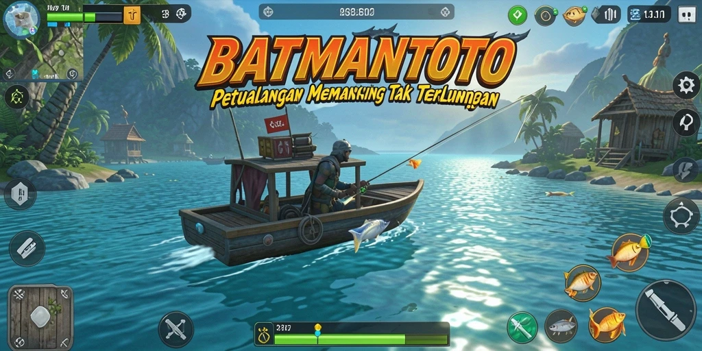 Screenshot gameplay memancing yang menampilkan ikan besar dan lokasi indah.