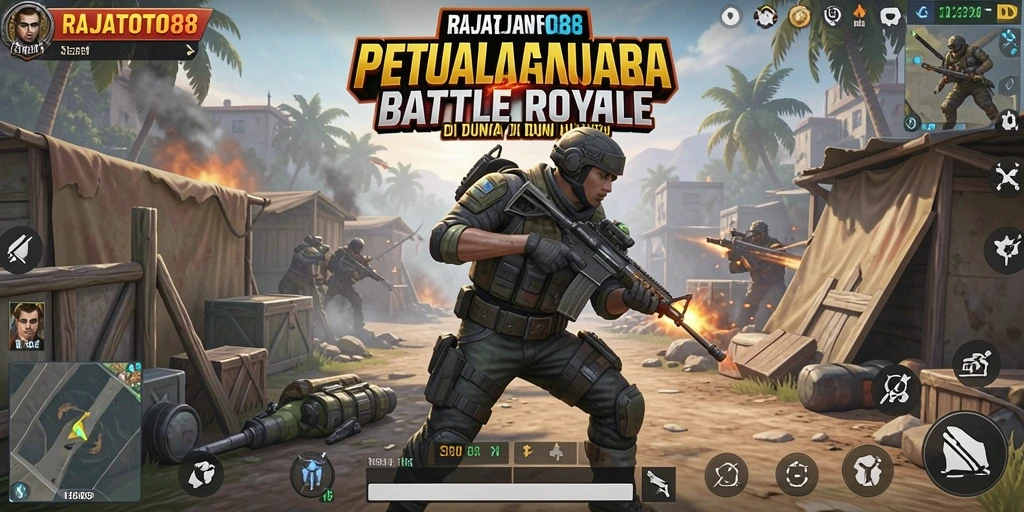 Tangkapan layar utama RAJATOTO88 menampilkan aksi intens di arena Battle Royale.