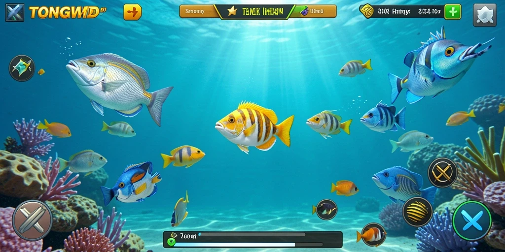 Tampilan gameplay TONGWD yang mendebarkan dalam perburuan ikan.